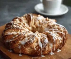 Delicious Cozy Apple Kringle with Vanilla Glaze on a plate, showcasing a flaky pastry filled with cinnamon-spiced apples and topped with smooth vanilla glaze