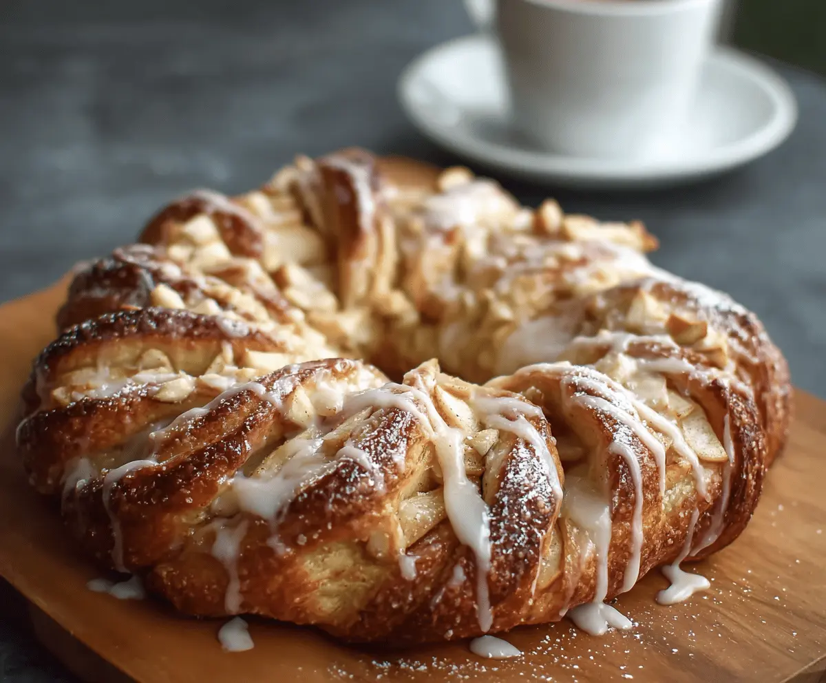 Delicious Cozy Apple Kringle with Vanilla Glaze on a plate, showcasing a flaky pastry filled with cinnamon-spiced apples and topped with smooth vanilla glaze