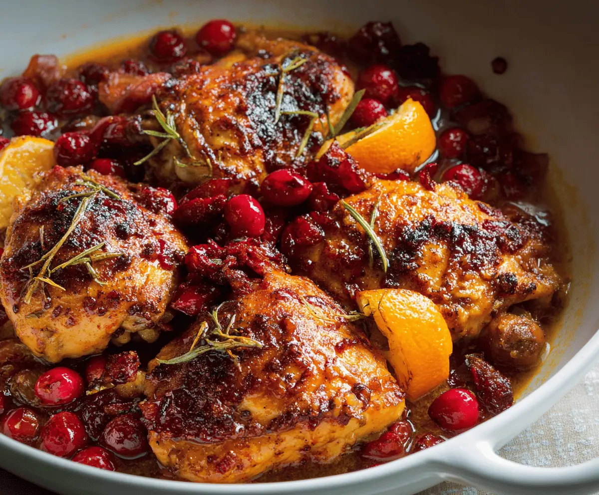 Juicy cranberry orange chicken served with fresh orange slices and vibrant cranberries on a white plate