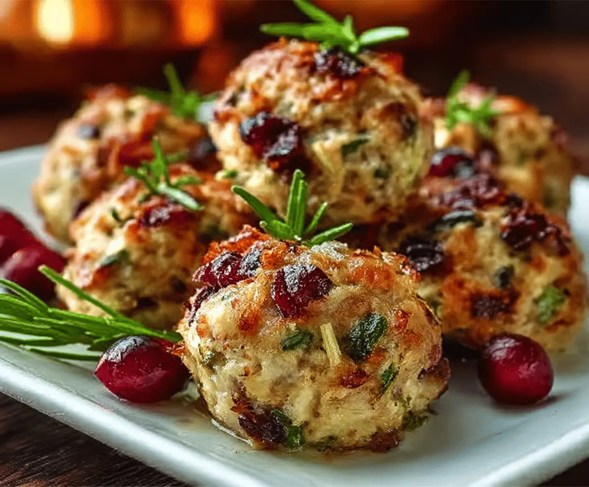 Delicious Cranberry Turkey Stuffing Balls garnished with fresh herbs, perfect for festive holiday dinners.