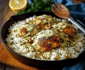 Creamy herb chicken served with fluffy basmati rice, garnished with fresh herbs, in a comforting one-pan meal perfect for a flavorful dinner.