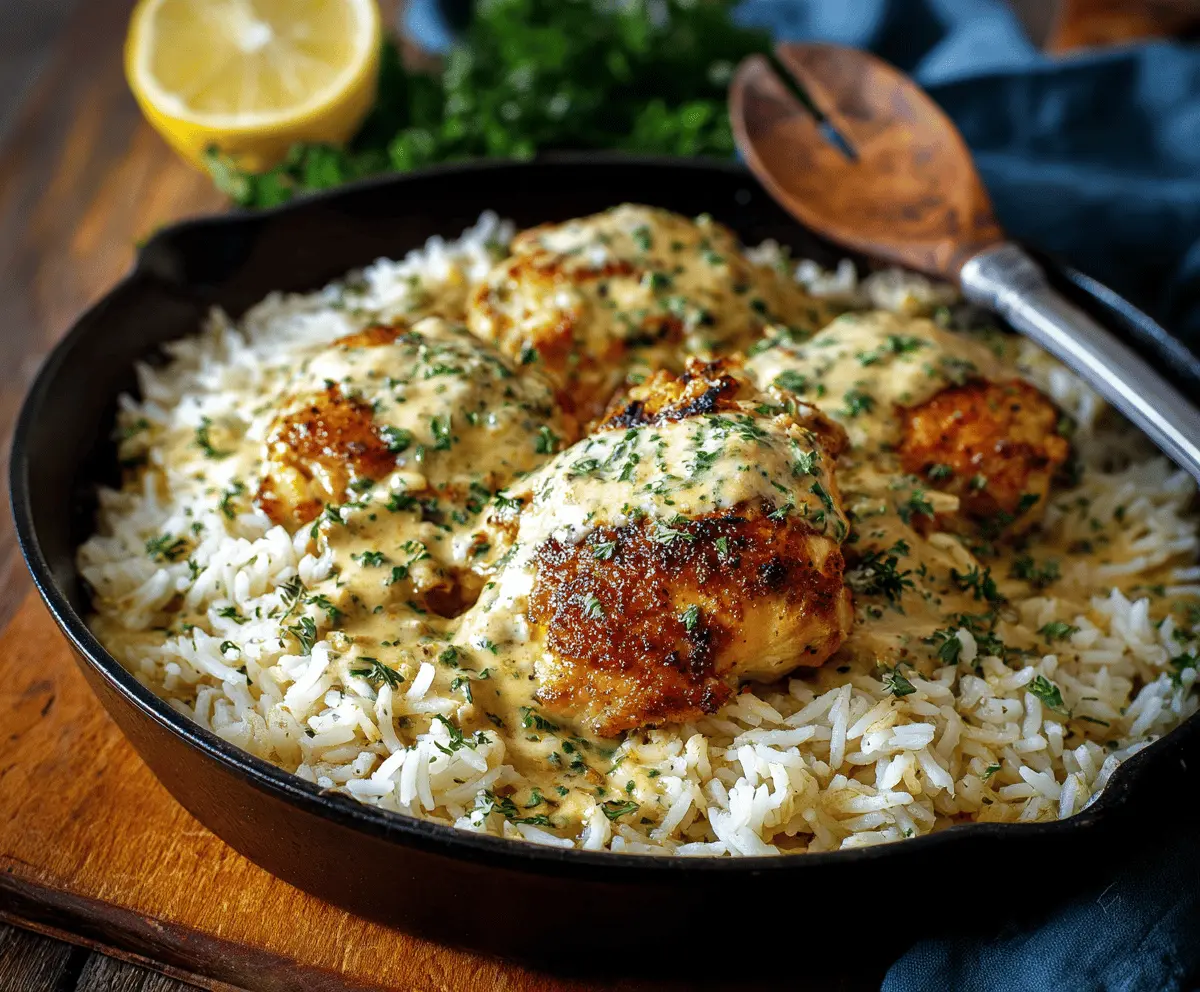 Creamy herb chicken served with fluffy basmati rice, garnished with fresh herbs, in a comforting one-pan meal perfect for a flavorful dinner.