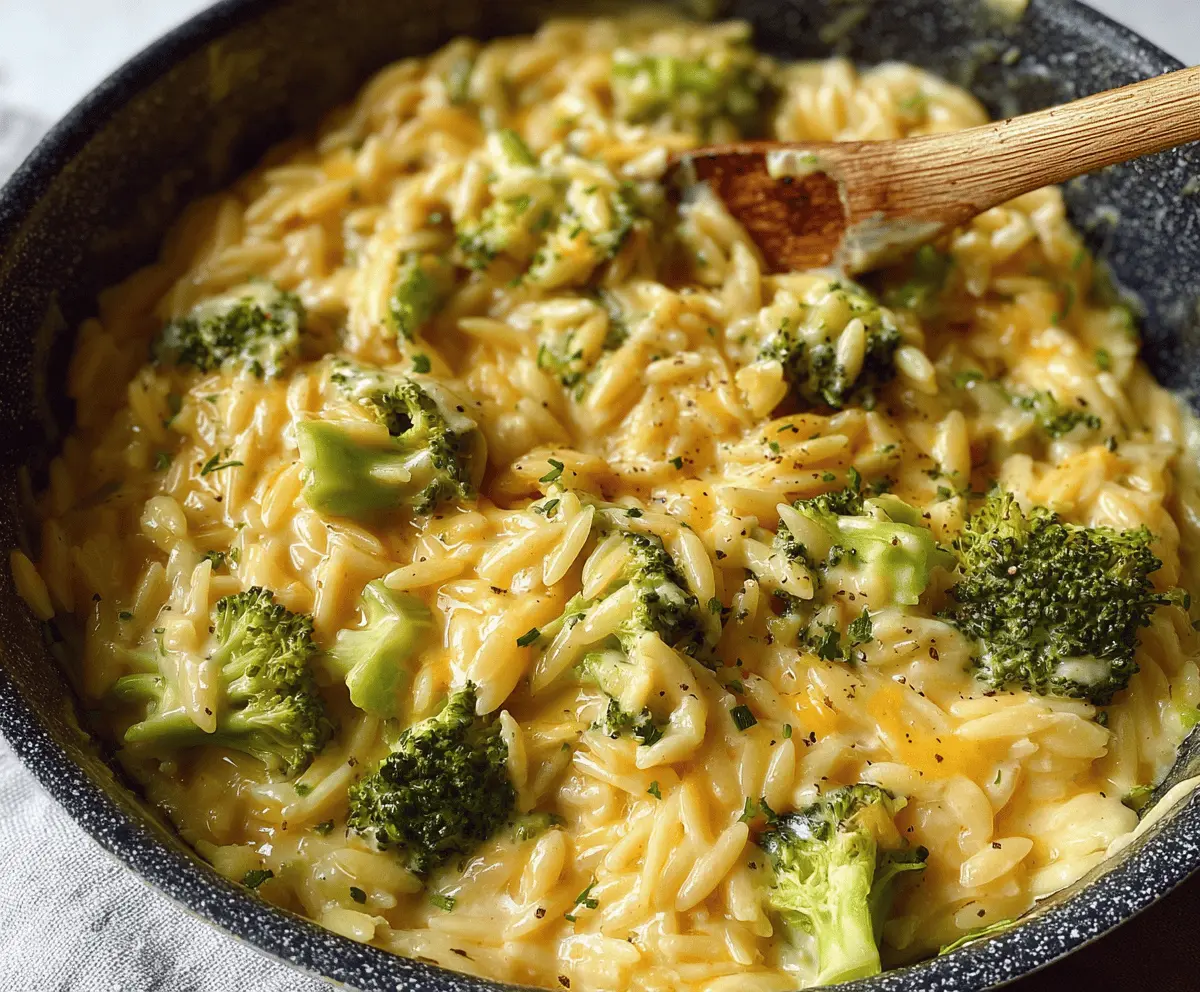 Creamy one-pot broccoli cheddar orzo pasta dish, quick and delicious meal in a bowl