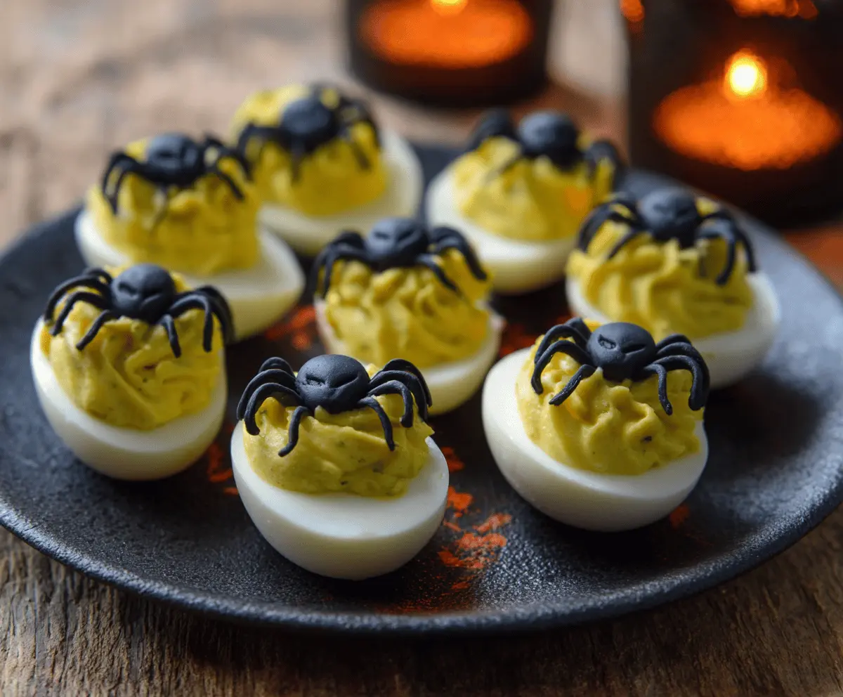Spooky Halloween deviled eggs decorated as creepy ghosts and monsters, perfect spooky appetizer for Halloween parties