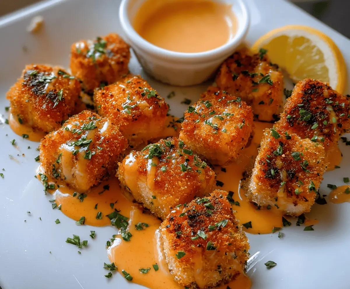 Crispy Bang Bang Salmon Bites served on a plate with dipping sauce, showcasing a golden, crunchy exterior and tender salmon inside