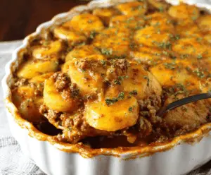 Delicious ground beef and potatoes casserole ready to serve, featuring a golden baked topping and hearty ingredients.