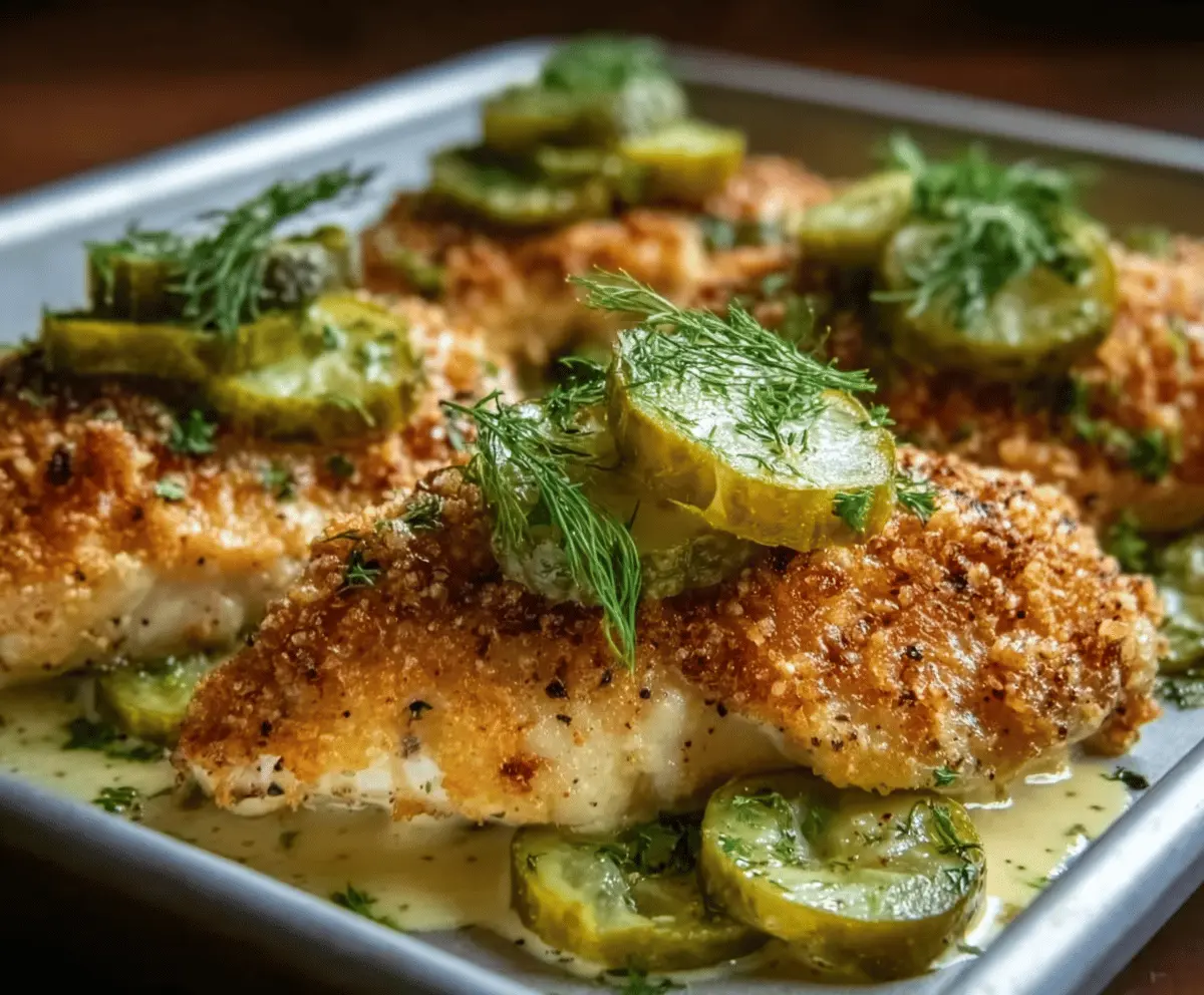 Crispy Parmesan Chicken topped with sliced dill pickles and fresh herbs, served with lemon wedges on a white plate
