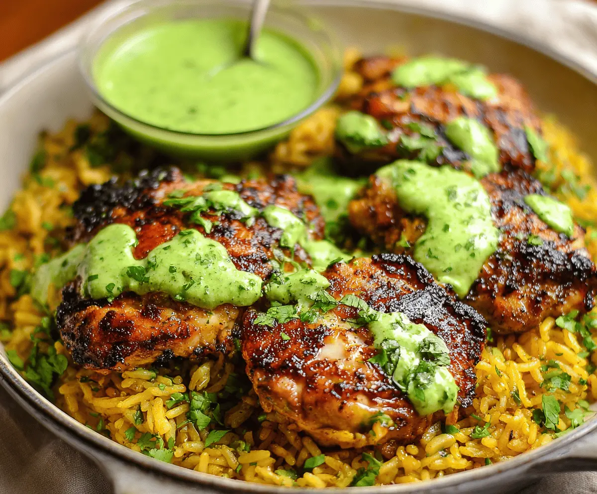 Delicious Peruvian chicken and rice served with vibrant green sauce, showcasing a flavorful and easy-to-make Latin American dish
