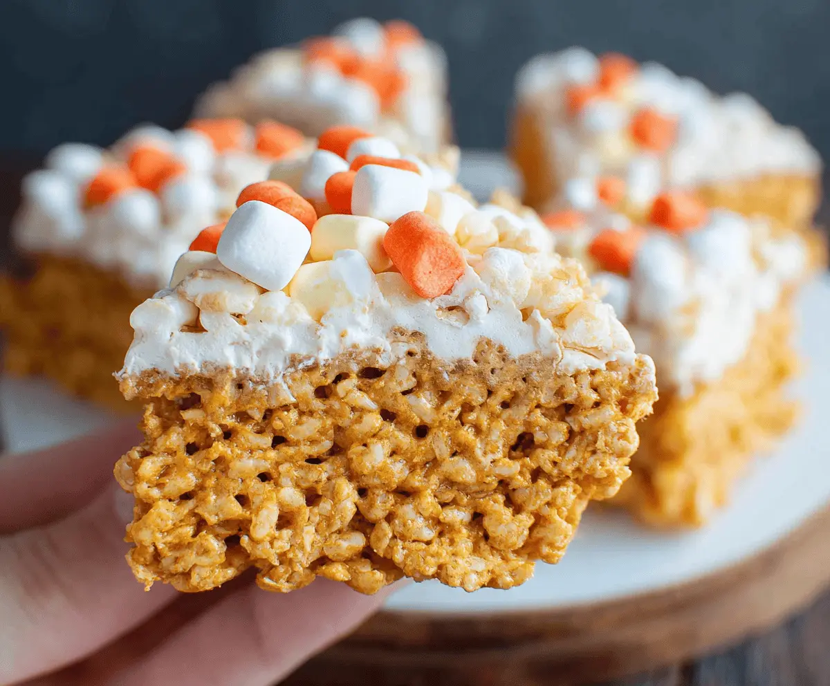 Delicious Easy Pumpkin Pie Marshmallow Treats topped with whipped cream and a cinnamon sprinkle, perfect for fall desserts