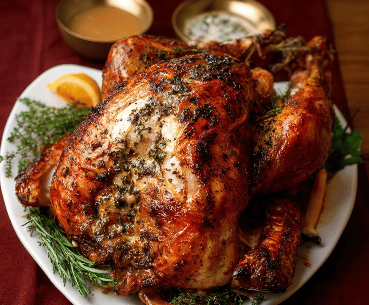 Juicy Roast Turkey topped with garlic herb butter, garnished with fresh herbs for a flavorful holiday feast