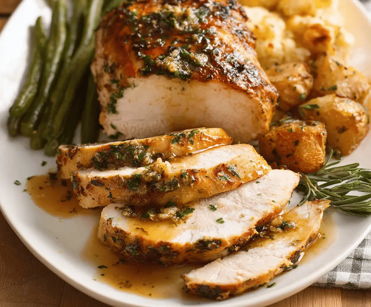 Juicy garlic herb slow cooker turkey breast served on a plate with fresh herbs and vegetables