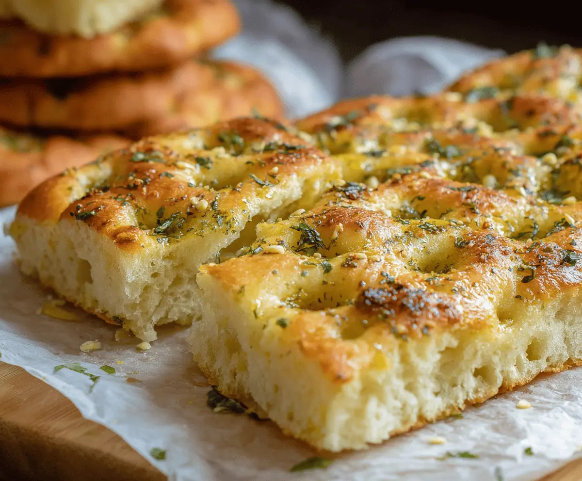 Golden Garlic Parmesan Focaccia bread topped with fresh herbs, perfect for sharing or as a savory Italian appetizer