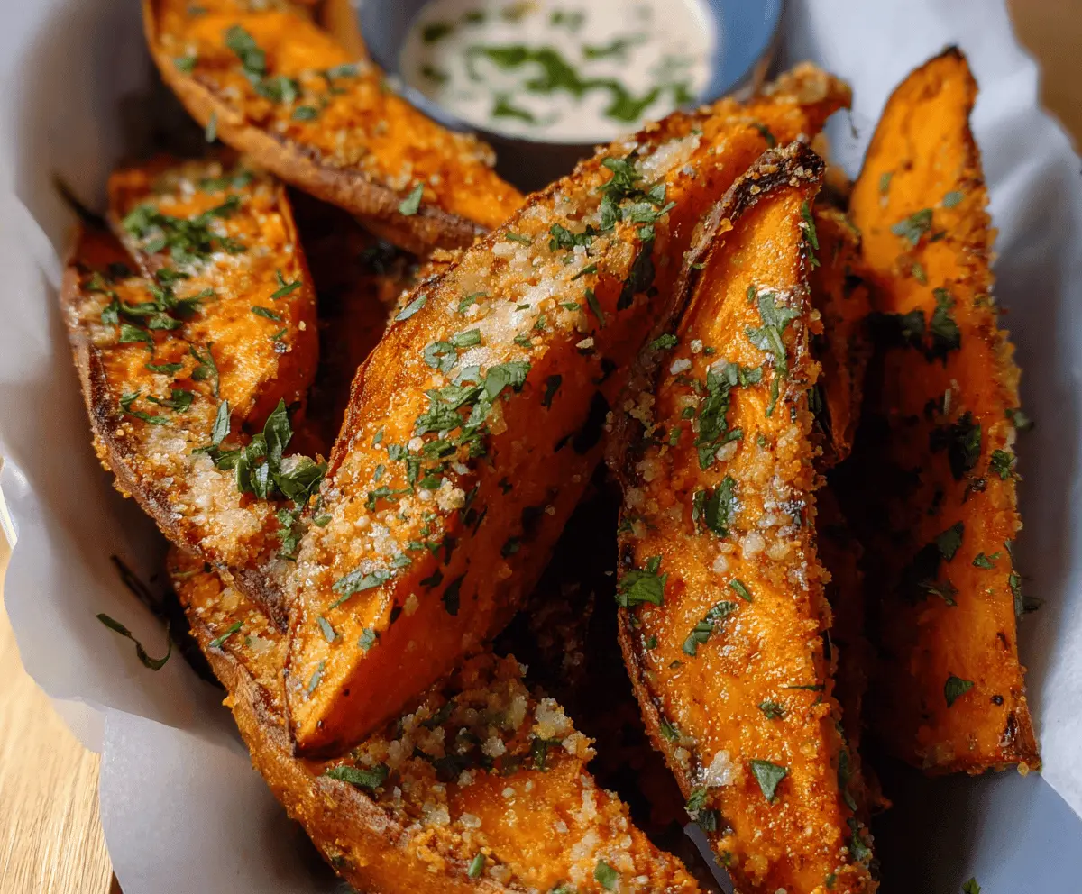 Delicious Garlic Parmesan Sweet Potato Wedges garnished with fresh herbs on a rustic wooden cutting board.