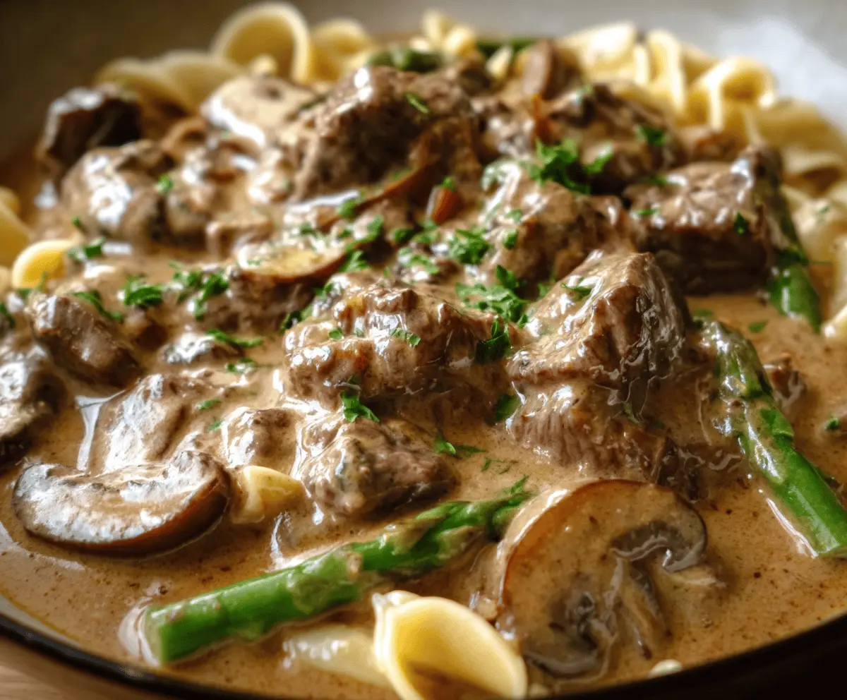 Delicious Gordon Ramsay Beef Stroganoff served with creamy mushroom sauce and tender beef strips on a plate.