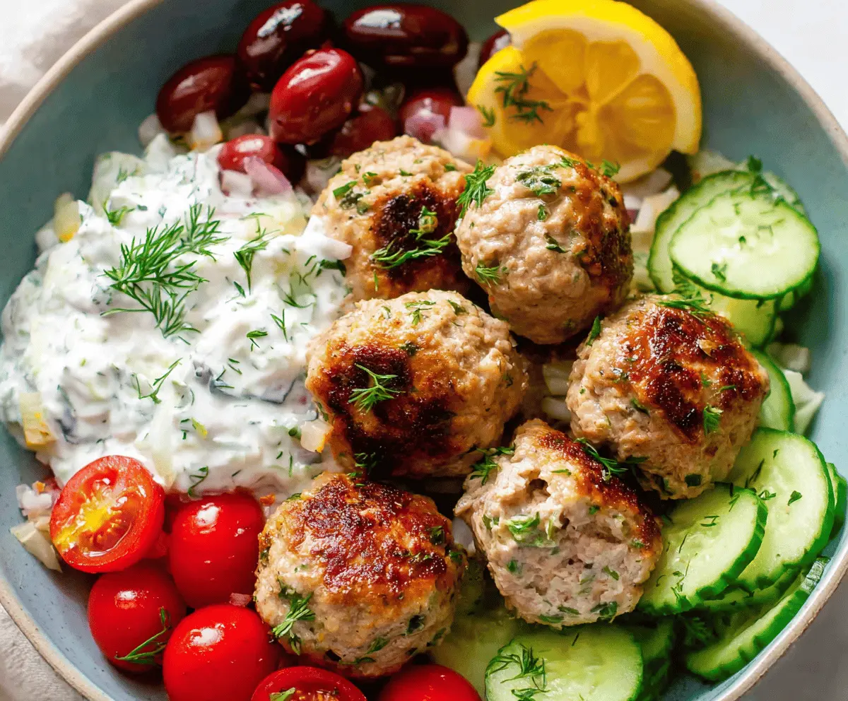 Delicious Greek turkey meatballs served with creamy tzatziki sauce on a white plate, garnished with fresh herbs for a flavorful Mediterranean appetizer or main course.