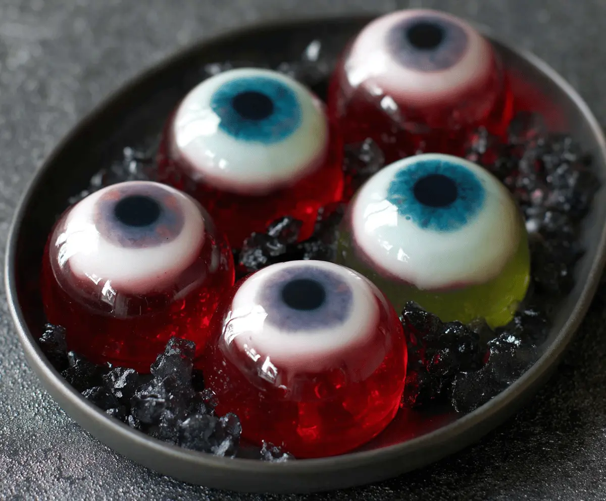 Colorful Halloween Eyeball Jello Shots with gummy eyeballs and spooky decorations, perfect for a haunted party dessert.