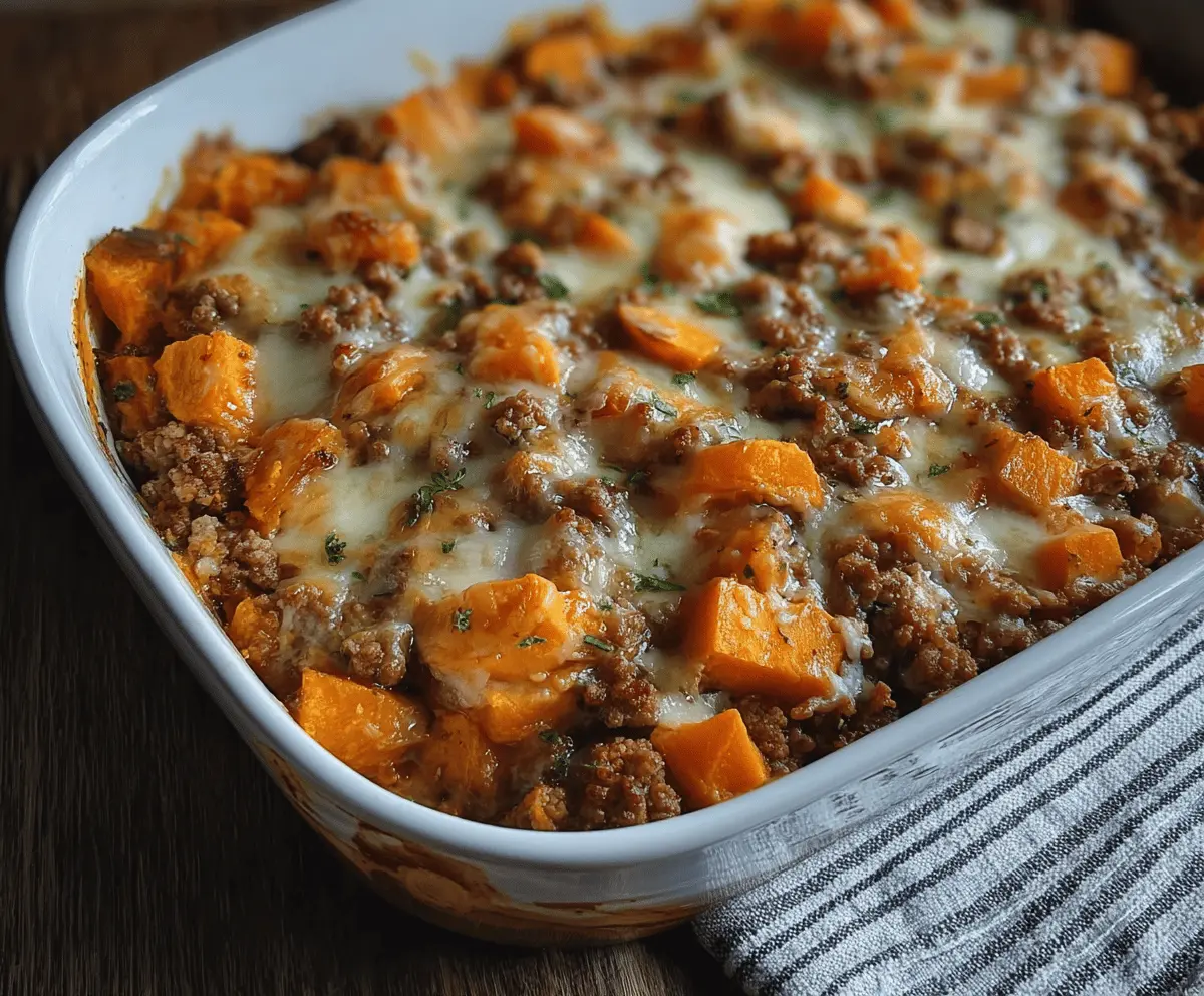 Healthy ground turkey and sweet potato bake served for dinner, featuring colorful vegetables and a savory, nutritious meal.