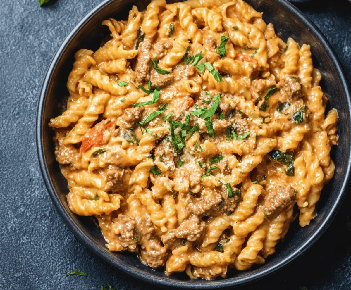 Creamy high-protein beef pasta dish ready for quick weeknight dinner, featuring tender beef and rich sauce