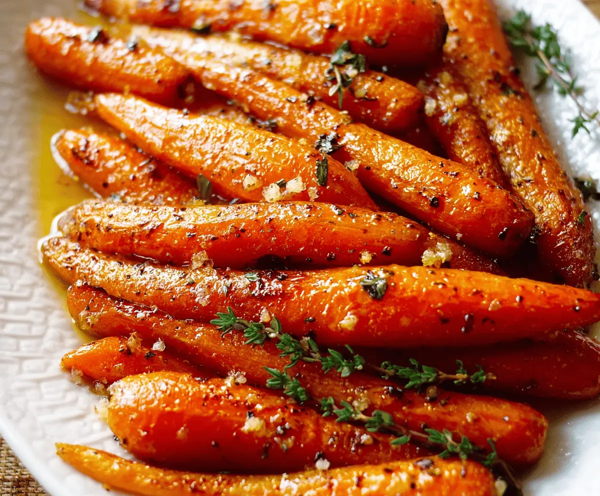Roasted carrots glazed with honey and garlic, garnished with fresh herbs, perfect for a flavorful side dish