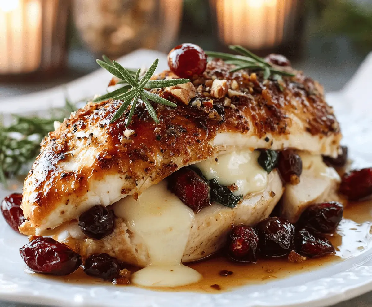 Juicy chicken breast stuffed with creamy Brie cheese and tart cranberries, garnished with fresh herbs, served on a plate for an impressive Cranberry Brie Stuffed Chicken recipe.