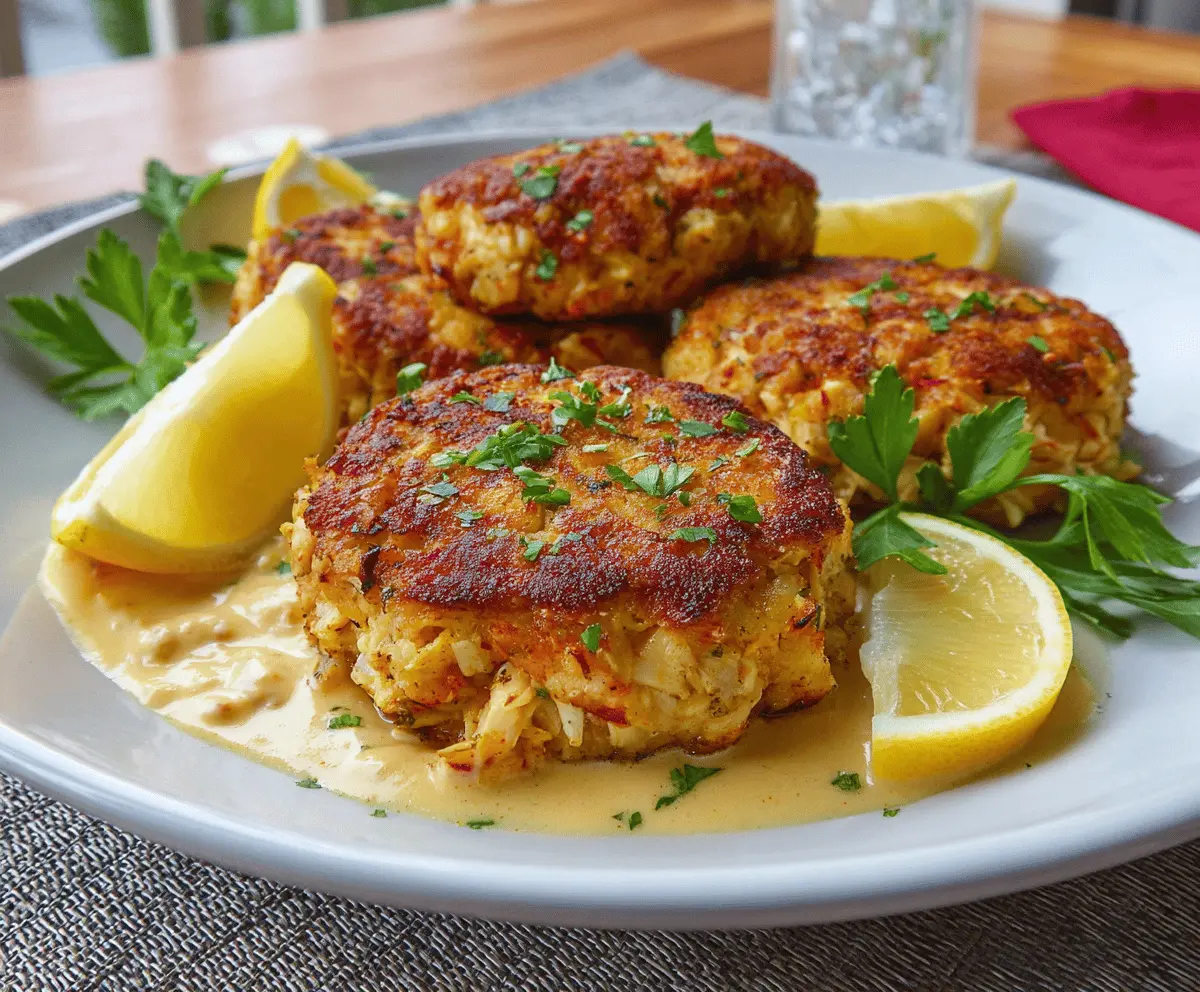Delicious Maryland-style crab cake garnished with lemon wedge and fresh greens on a plate, showcasing golden-brown crispy exterior and tender crab meat inside.