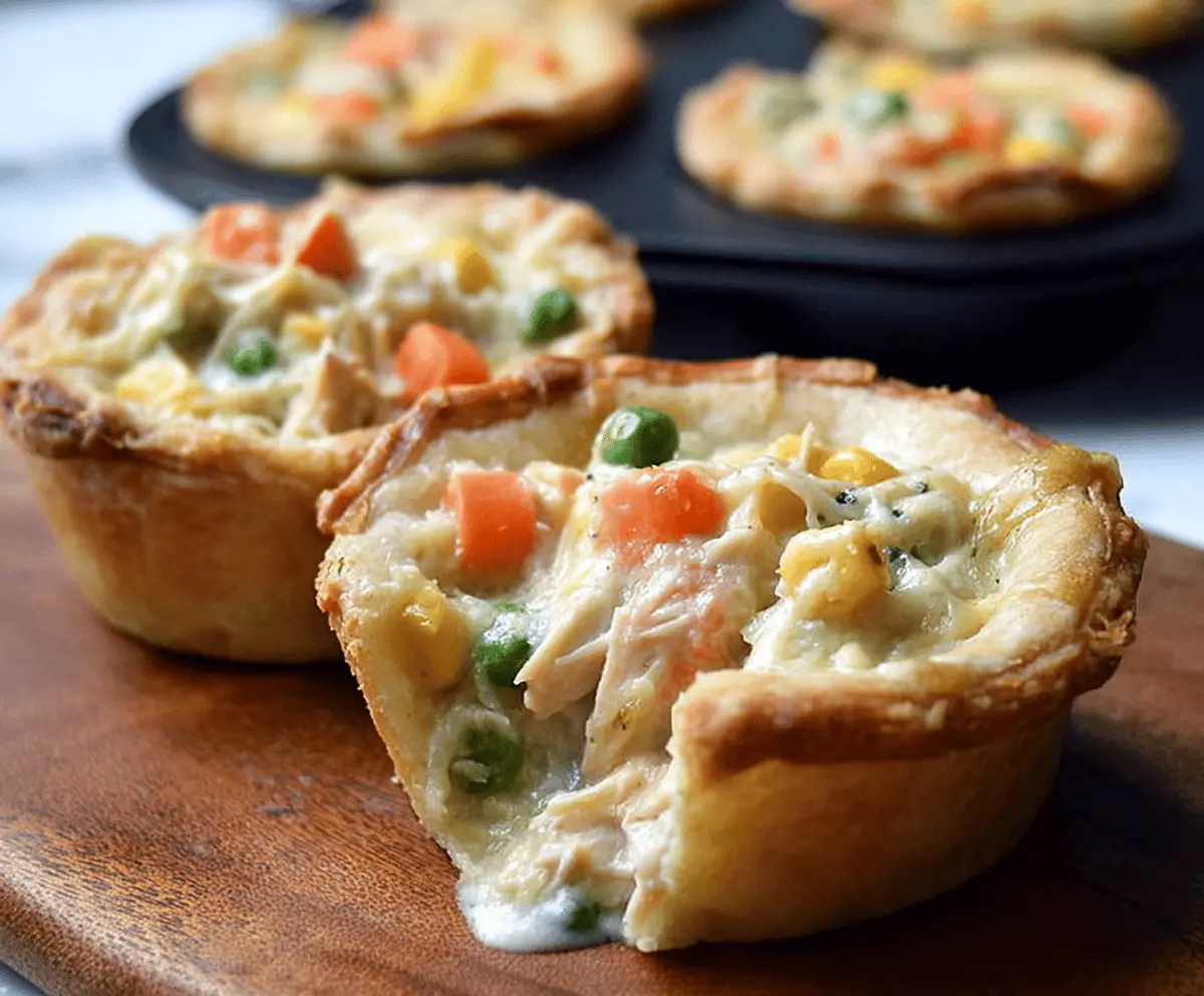 Delicious mini chicken pot pies with golden flaky crust and creamy filling, perfect for a comforting meal or appetizer.