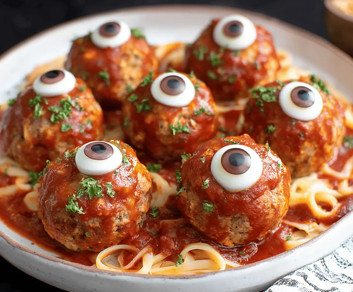 Cute monster eyeball meatballs on a platter, perfect keto party food with spooky eyeball design and vibrant ingredients