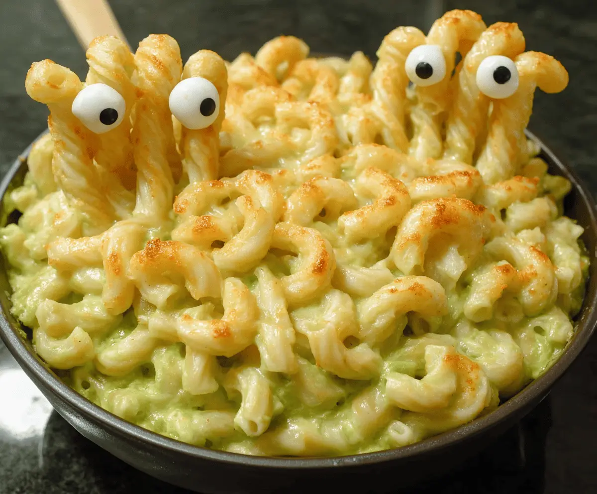 A spooky monster-themed mac and cheese bowl featuring vibrant orange cheese, creepy edible eyes, and Halloween decorations, perfect for a creepy Halloween dinner.