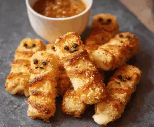 Delicious mummy-shaped mozzarella sticks wrapped in crispy breading with spooky Halloween decorations, perfect for a fun appetizer or party snack
