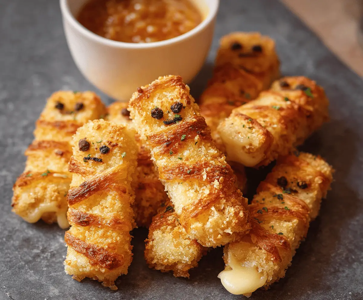 Delicious mummy-shaped mozzarella sticks wrapped in crispy breading with spooky Halloween decorations, perfect for a fun appetizer or party snack