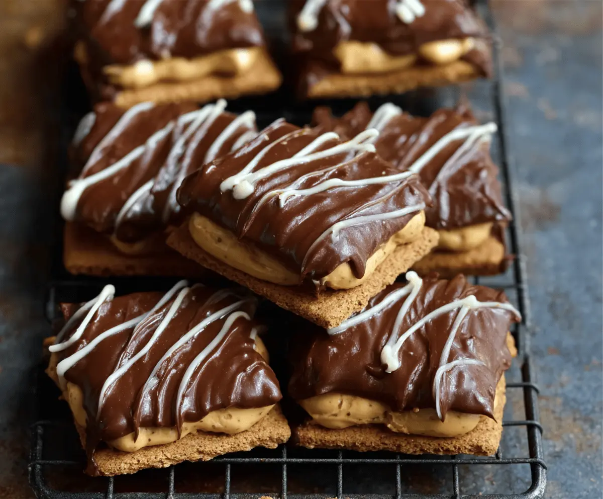 No-bake Buckeye graham cracker treats topped with chocolate and peanut butter for a delicious homemade snack