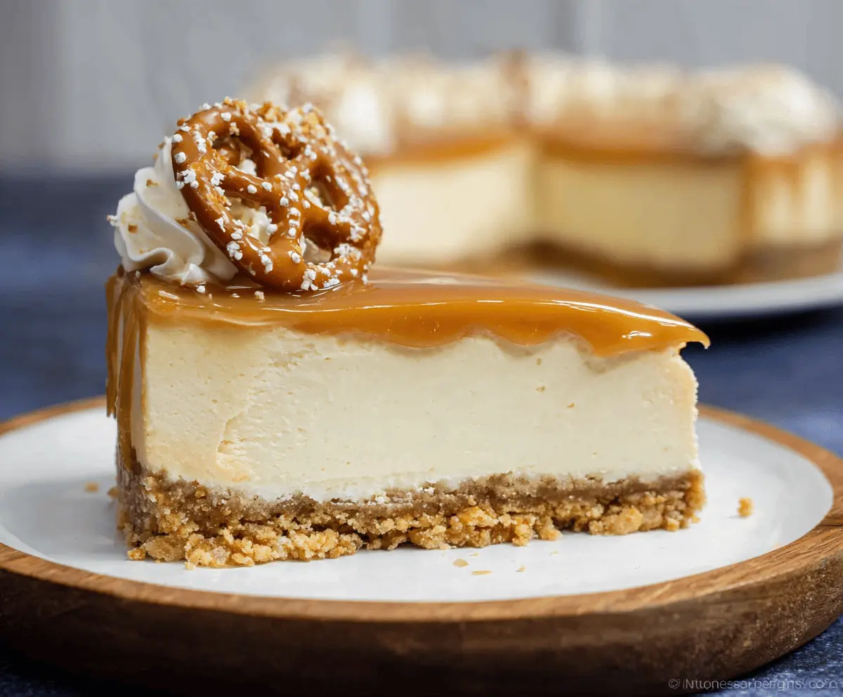 No-bake salted caramel cheesecake topped with caramel drizzle and sea salt on a decorative plate.
