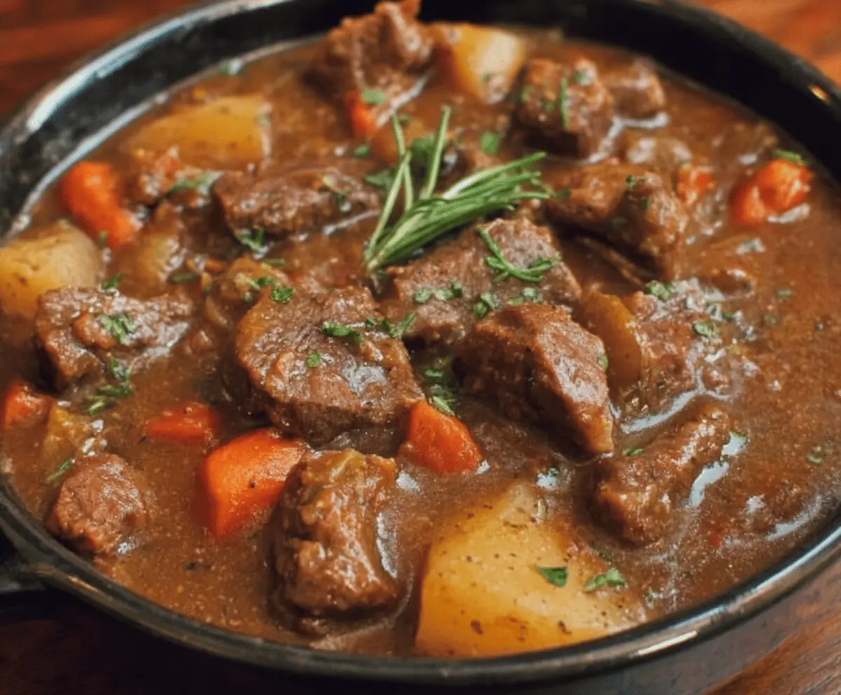 Hearty old fashioned beef stew with tender beef chunks, vegetables, and savory broth served in a rustic bowl.