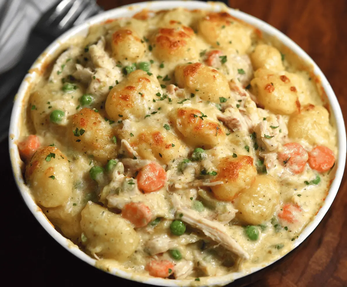 Delicious one-pot gnocchi chicken pot pie served in a bowl with a flaky crust topping and fresh herbs, perfect for comforting family dinner