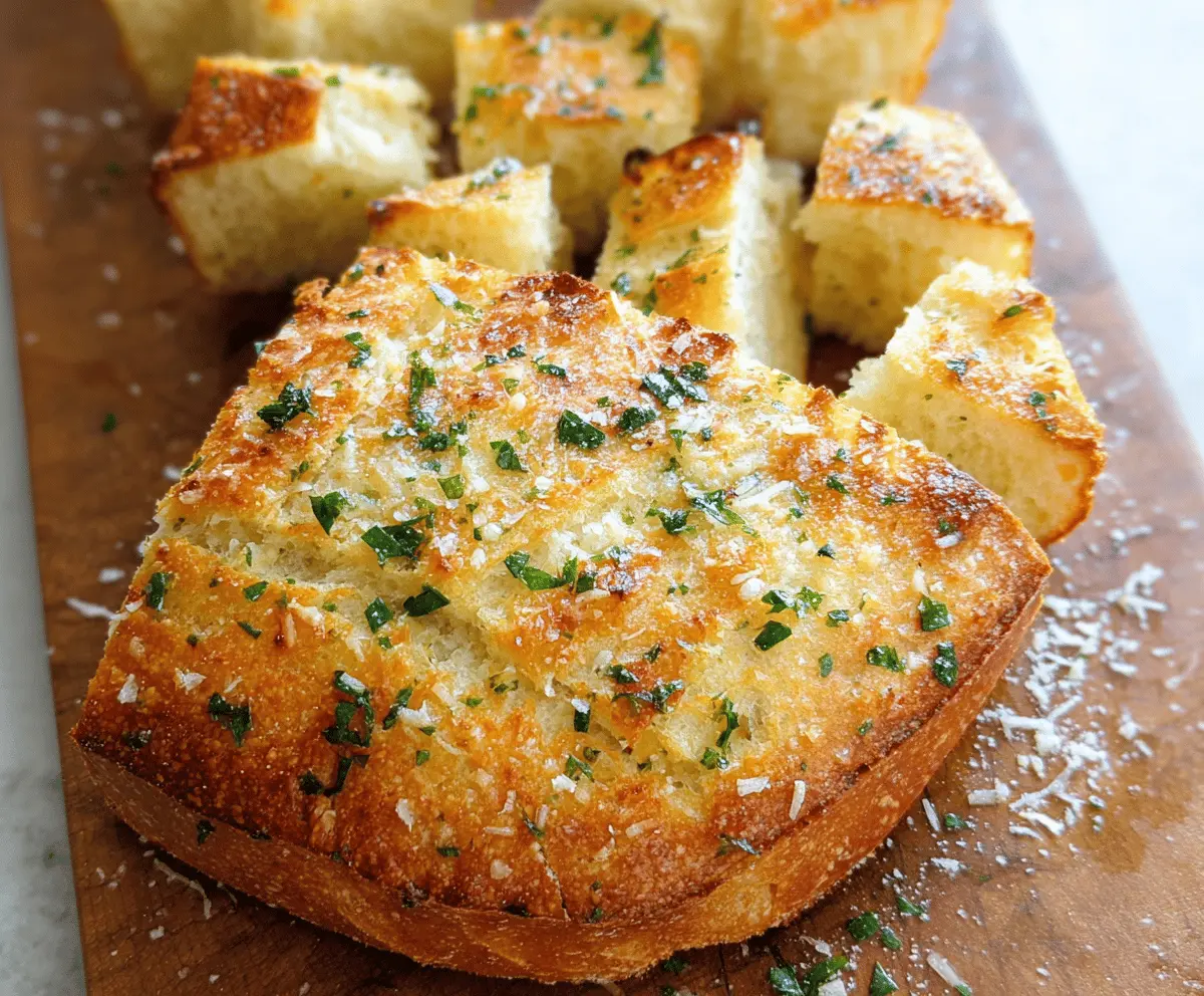 Freshly baked Parmesan garlic artisan bread with golden crust and aromatic herbs, perfect for sharing straight from the oven.