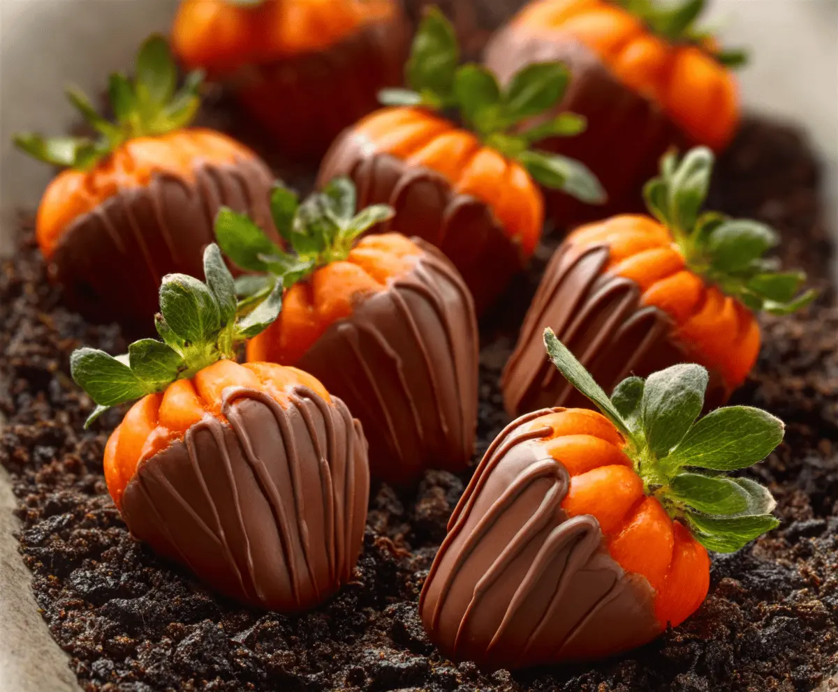 Chocolate-covered strawberries decorated as pumpkins for a festive fall treat, featuring orange-colored coating and green leafy accents on a white plate.