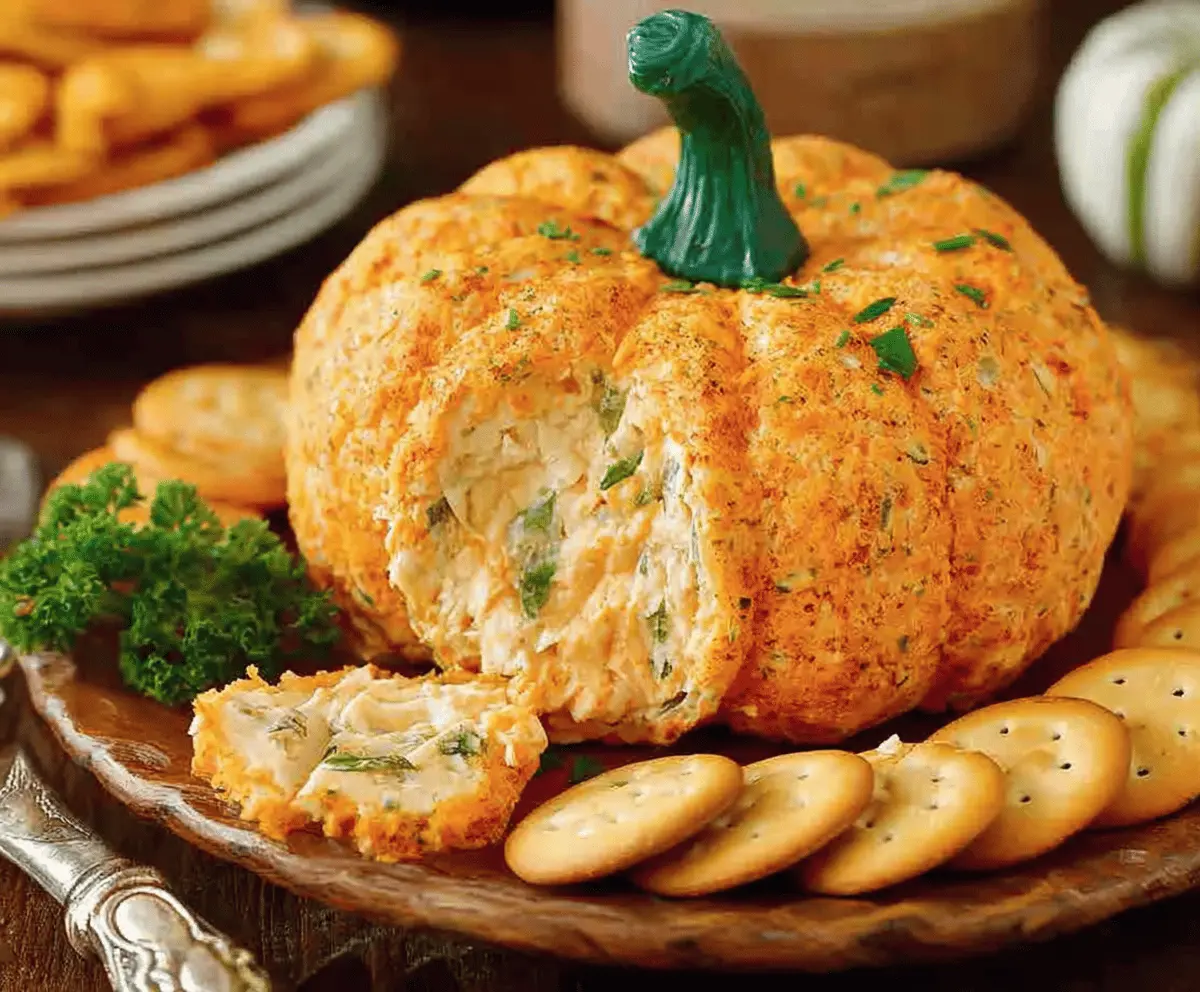 Creamy pumpkin-shaped cheese ball with decorative green garnish, perfect for fall parties and holiday gatherings.