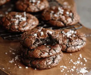Delicious salted brownie cookies topped with sea salt crystals, featuring a rich chocolate appearance and chewy texture, perfect for dessert lovers.