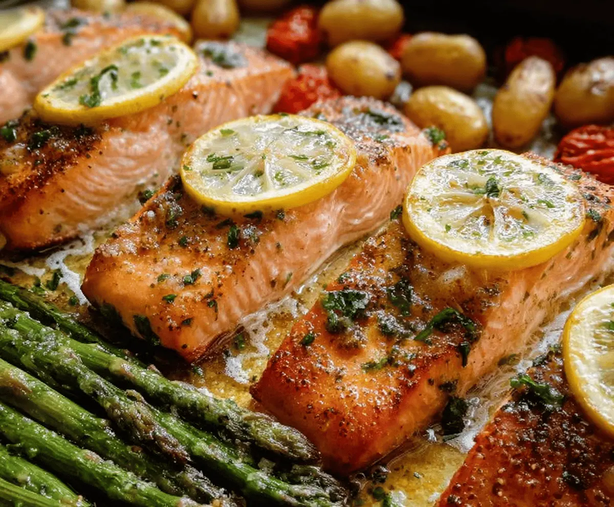 Delicious sheet pan lemon garlic butter salmon fillets garnished with fresh herbs on a baking tray, perfect for a healthy dinner