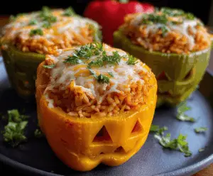 Colorful Halloween-themed stuffed peppers filled with shredded chicken and rice, perfect for a festive and healthy dinner recipe.