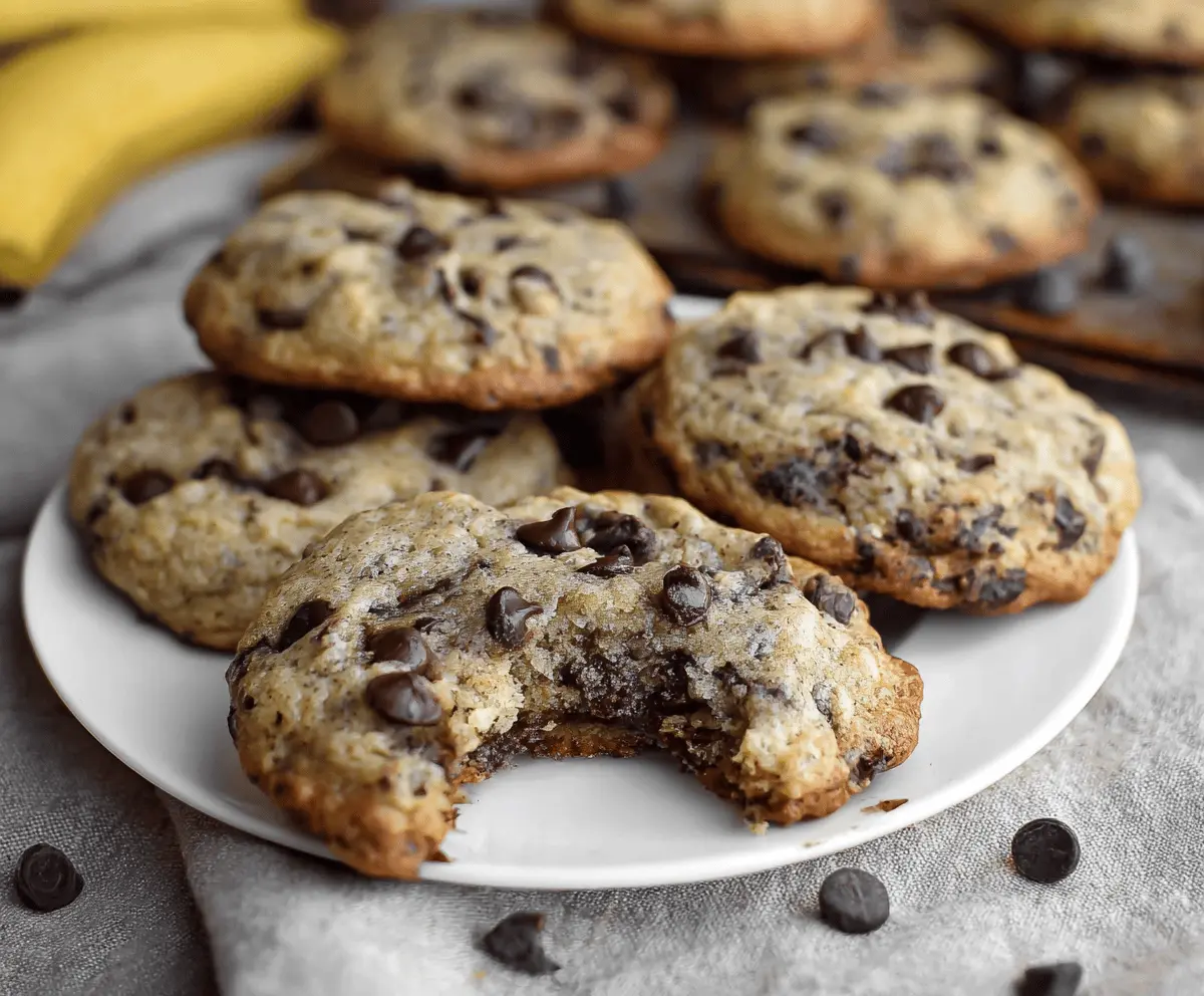 Delicious soft and chewy banana chocolate chip cookies fresh out of the oven, showcasing golden-brown edges and melty chocolate chips