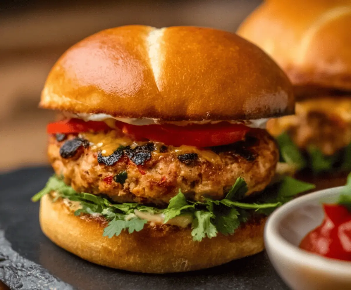Juicy spicy Southwest turkey burgers topped with fresh avocado slices, crisp lettuce, and zesty salsa on a toasted bun, served with a side of crispy sweet potato fries.