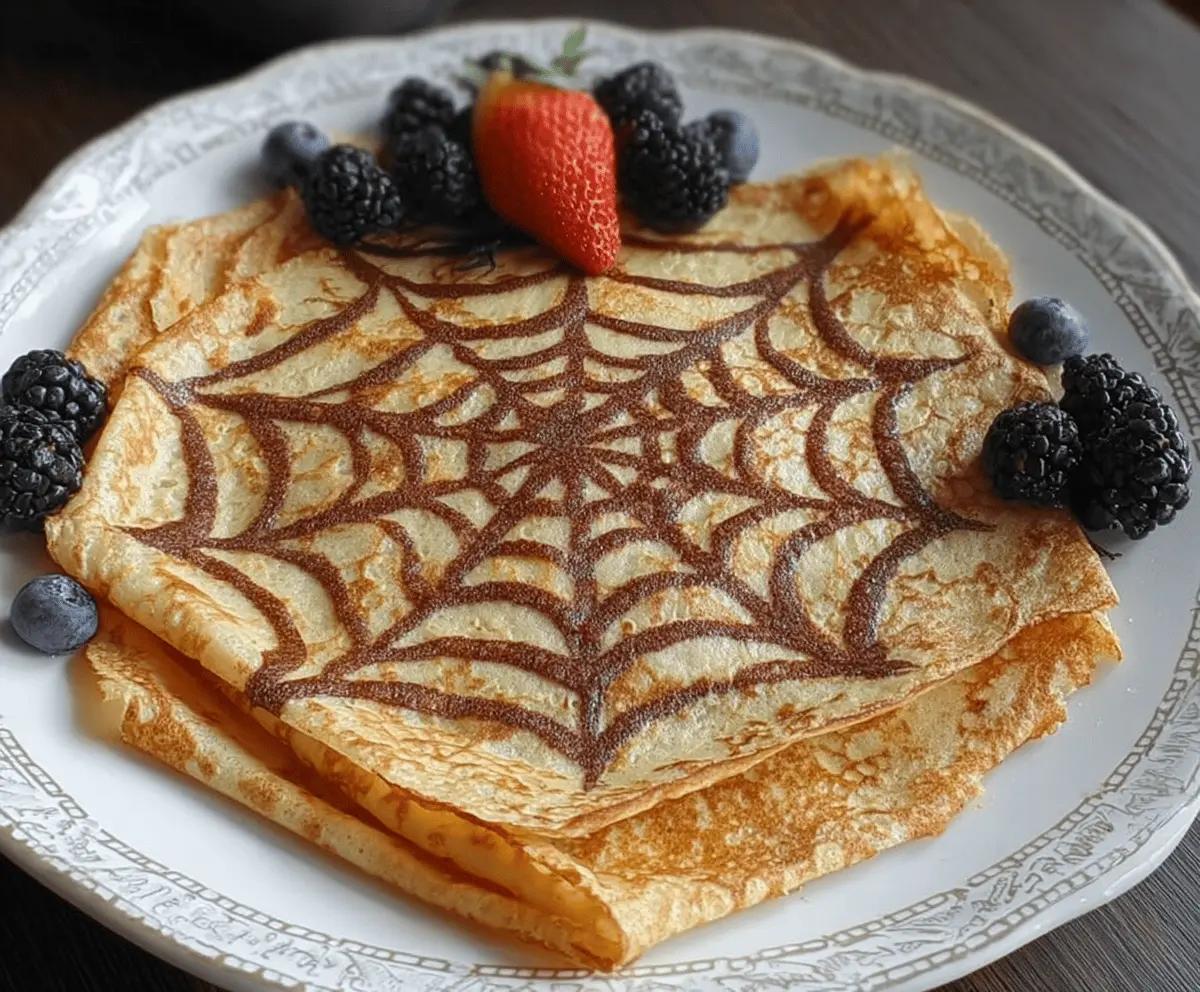 Delicious Spiderweb Crepes topped with chocolate sauce and spooky candy decorations for a fun Halloween treat