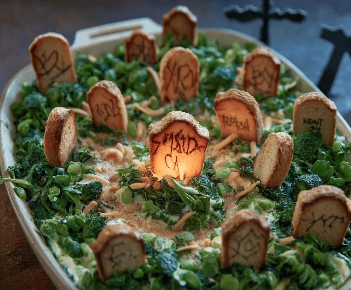 Delicious spinach dip served in a spooky graveyard-themed presentation with edible tombstones and creepy decorations for Halloween
