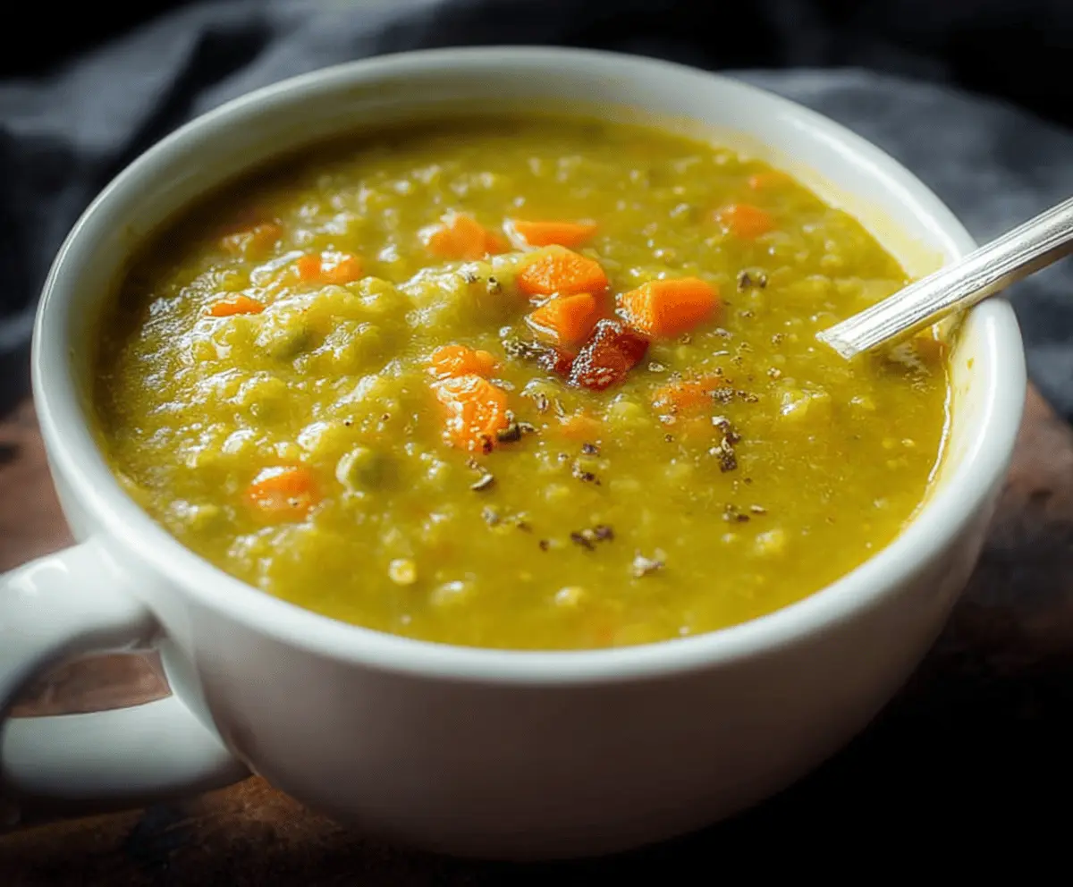 Creamy green split pea soup served in a bowl with fresh herbs and crusty bread on the side, perfect for a hearty and healthy meal.