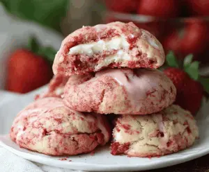 Delicious homemade strawberry cheesecake cookies with creamy cheesecake filling and fresh strawberry toppings on a white plate.
