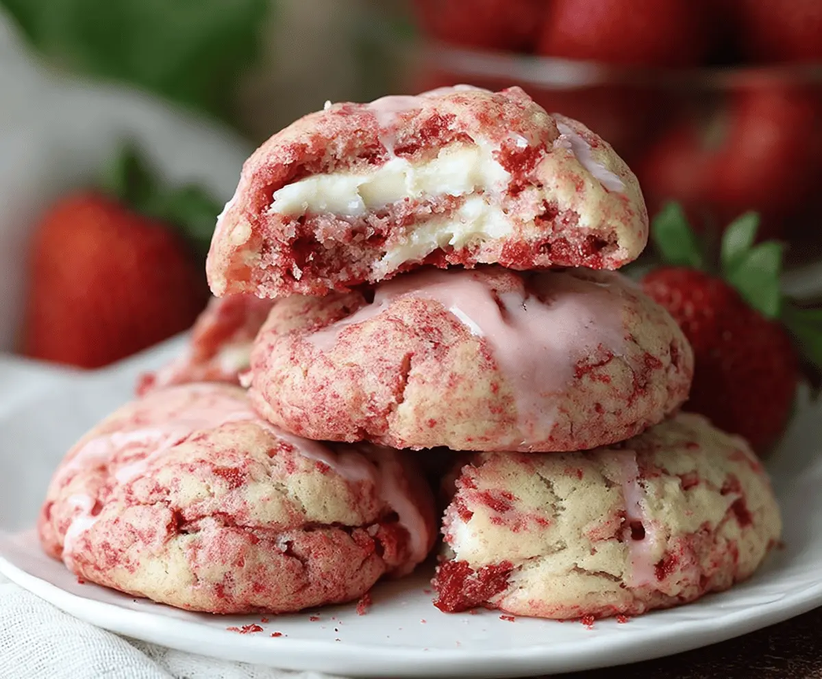 Delicious homemade strawberry cheesecake cookies with creamy cheesecake filling and fresh strawberry toppings on a white plate.