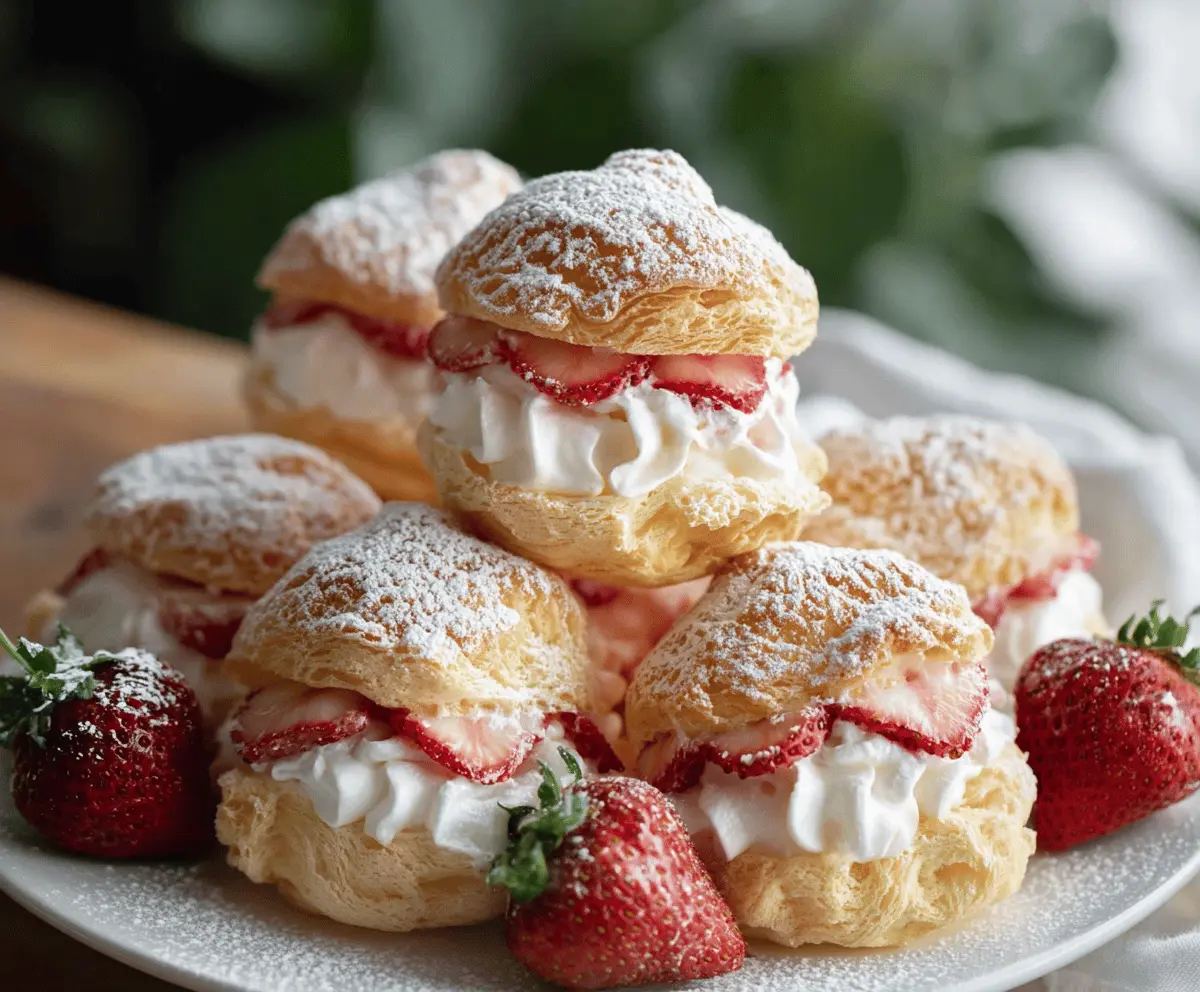 Delicious strawberry cream puffs with fresh strawberries and creamy filling on a white plate, perfect for dessert or afternoon tea.