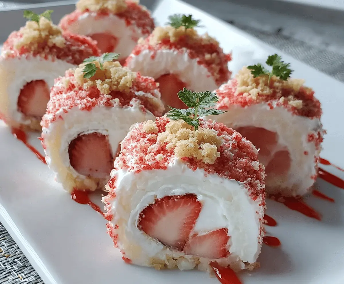 Delicious Strawberry Shortcake Sushi Rolls topped with fresh strawberries, whipped cream, and mint leaves, perfect for a sweet dessert or party treat.