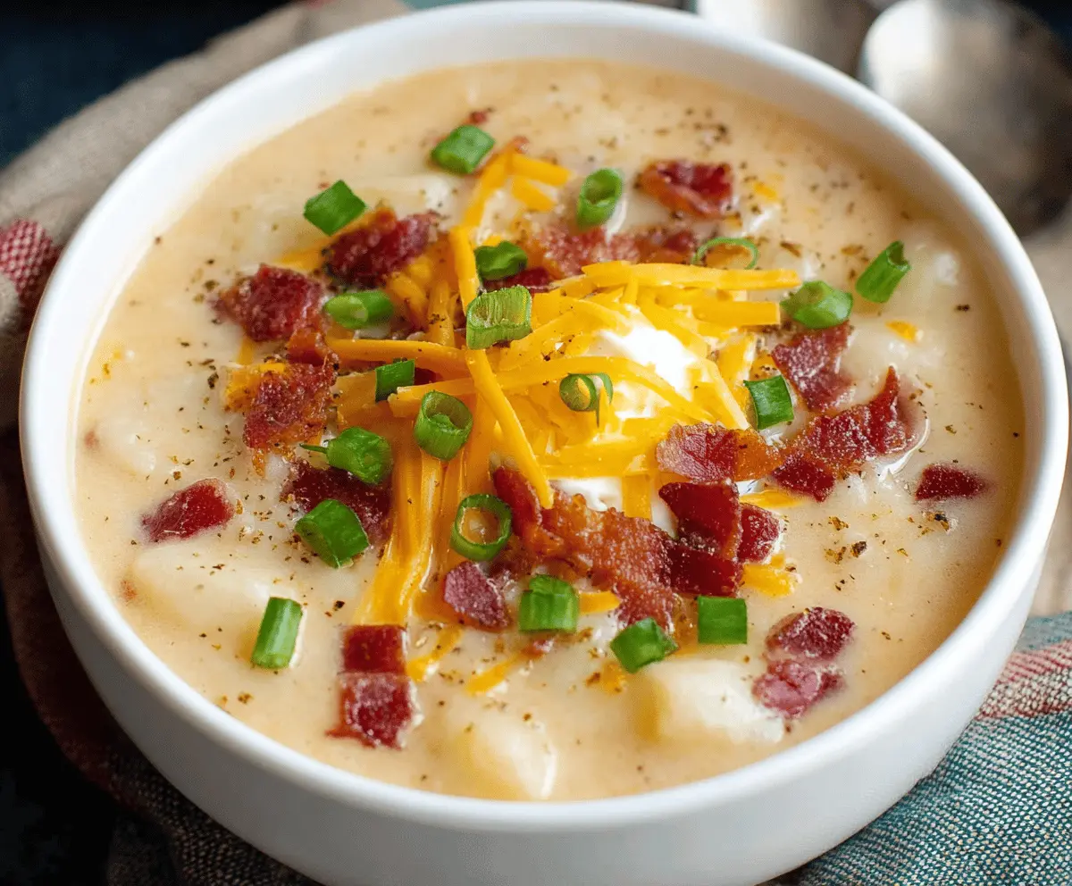 Creamy and delicious crockpot potato soup served in a bowl with fresh herbs, perfect for a comforting meal.